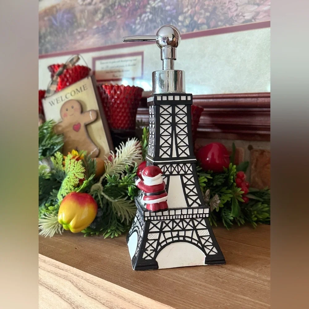 Eiffel Tower Soap Dispenser with Santa Accents - Black & White
